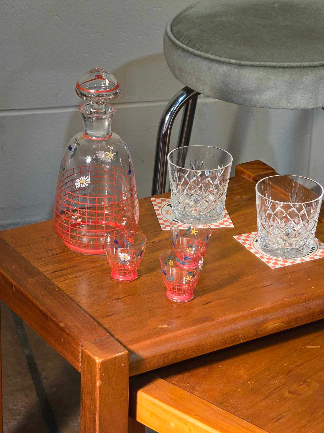 Retro Red Floral Decanter Set