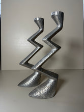 Load image into Gallery viewer, A pair of metal brutalist zig zag candleholders
