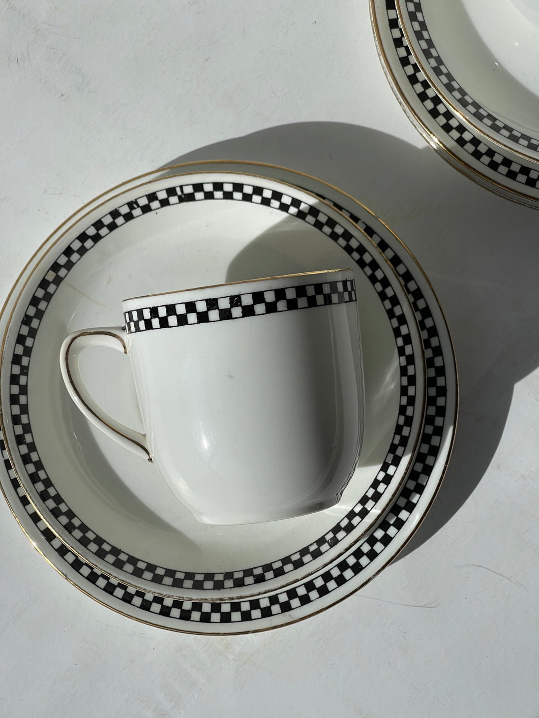 Checkered China Cups & Saucers - set of 3